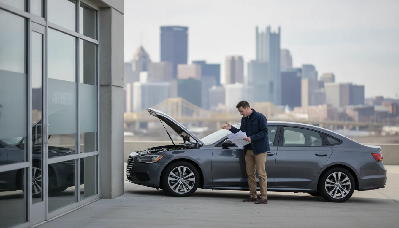 Pennsylvania driver reviewing repair documents beside a defective vehicle in Pittsburgh