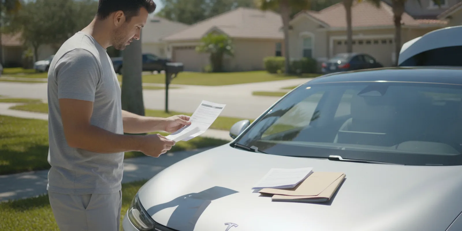 Driver reviewing vehicle repair records beside a car in Tallahassee