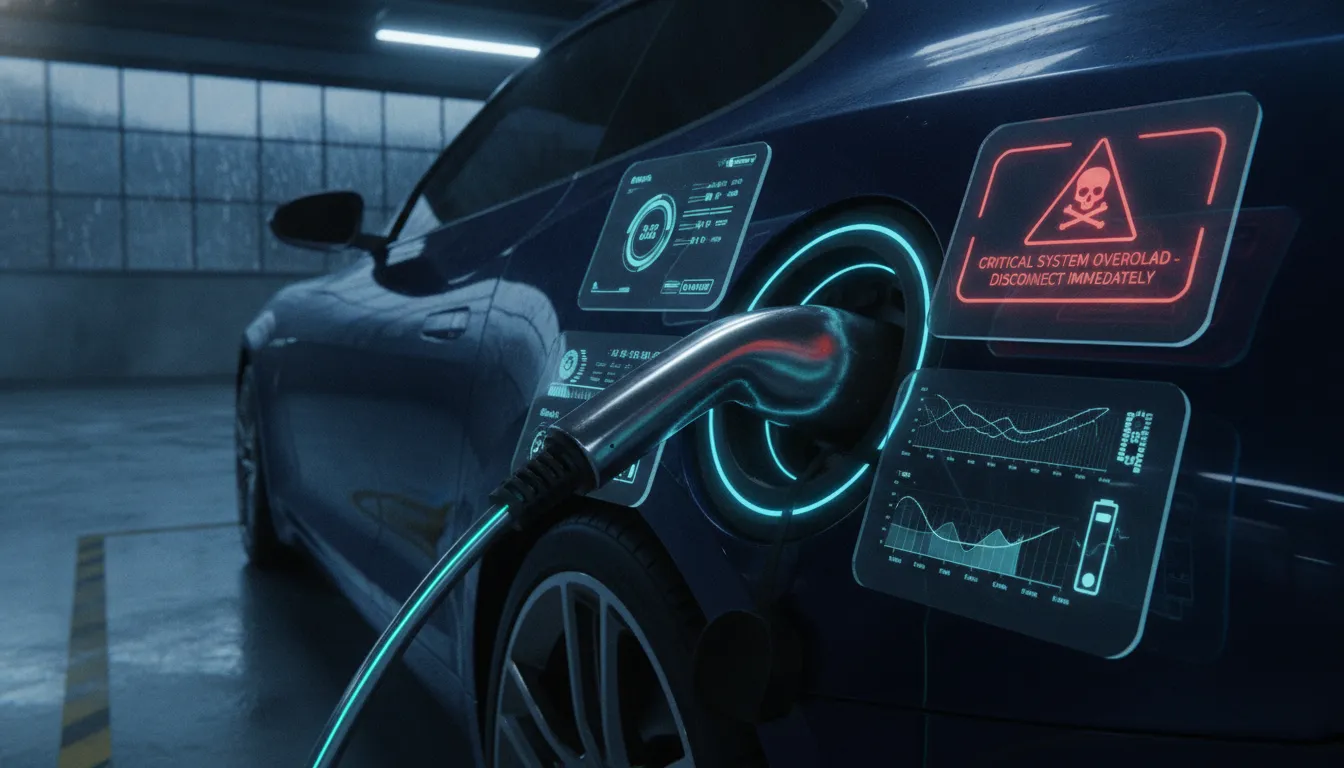 A sleek electric car plugged into a charging port with diagnostic screens showing battery warnings